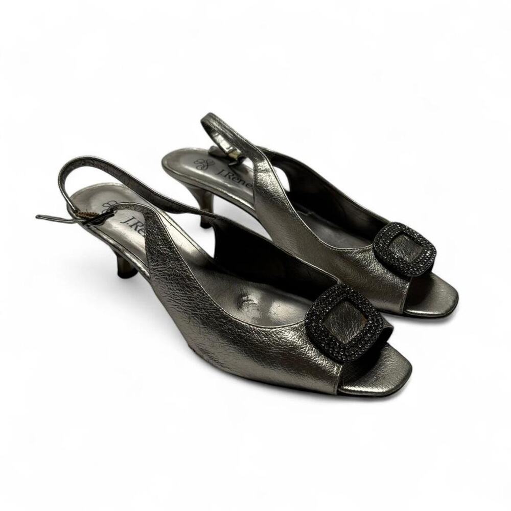 J. Renee Silver Metallic Kitten Heels Rhinestone Buckle Hardware Detail Size 7
